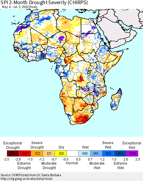 Africa SPI 2-Month Drought Severity (CHIRPS) Thematic Map For 5/6/2020 - 7/5/2020