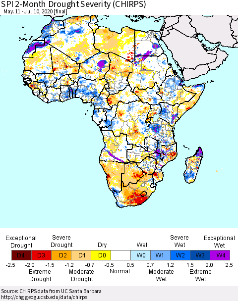 Africa SPI 2-Month Drought Severity (CHIRPS) Thematic Map For 5/11/2020 - 7/10/2020