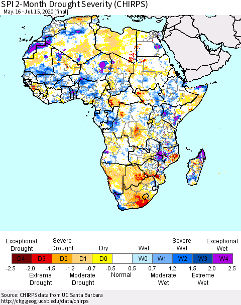 Africa SPI 2-Month Drought Severity (CHIRPS) Thematic Map For 5/16/2020 - 7/15/2020
