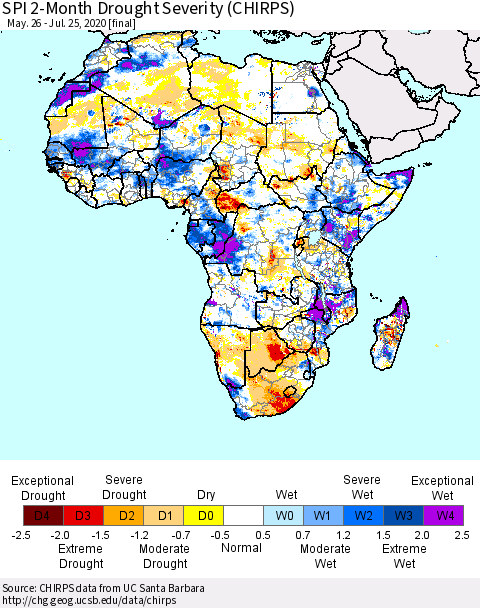Africa SPI 2-Month Drought Severity (CHIRPS) Thematic Map For 5/26/2020 - 7/25/2020