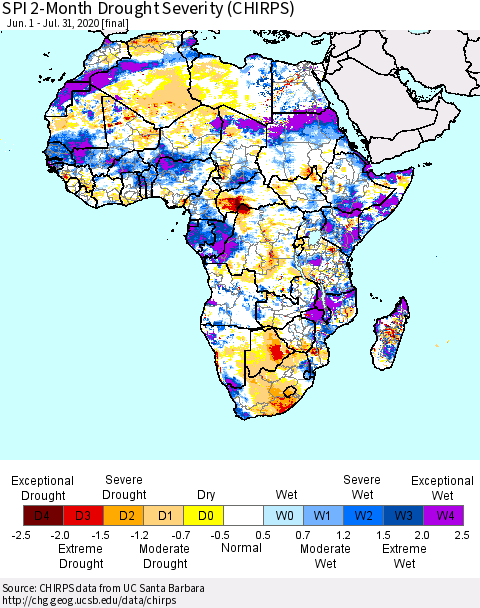 Africa SPI 2-Month Drought Severity (CHIRPS) Thematic Map For 6/1/2020 - 7/31/2020