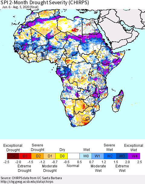 Africa SPI 2-Month Drought Severity (CHIRPS) Thematic Map For 6/6/2020 - 8/5/2020