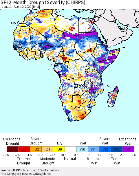 Africa SPI 2-Month Drought Severity (CHIRPS) Thematic Map For 6/11/2020 - 8/10/2020