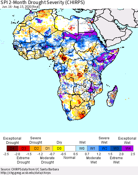 Africa SPI 2-Month Drought Severity (CHIRPS) Thematic Map For 6/16/2020 - 8/15/2020