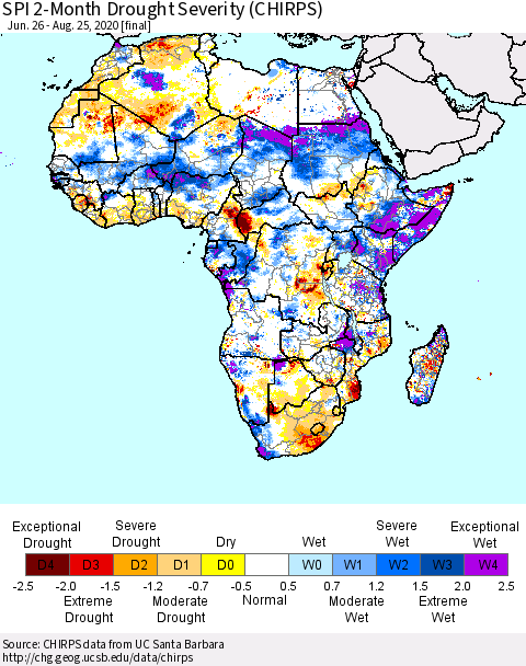 Africa SPI 2-Month Drought Severity (CHIRPS) Thematic Map For 6/26/2020 - 8/25/2020