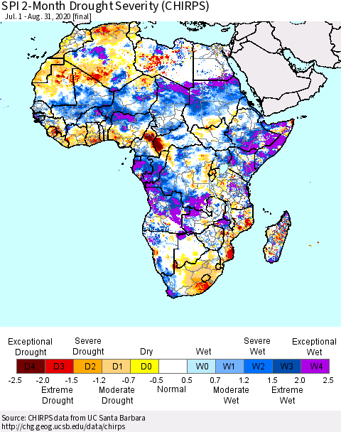 Africa SPI 2-Month Drought Severity (CHIRPS) Thematic Map For 7/1/2020 - 8/31/2020