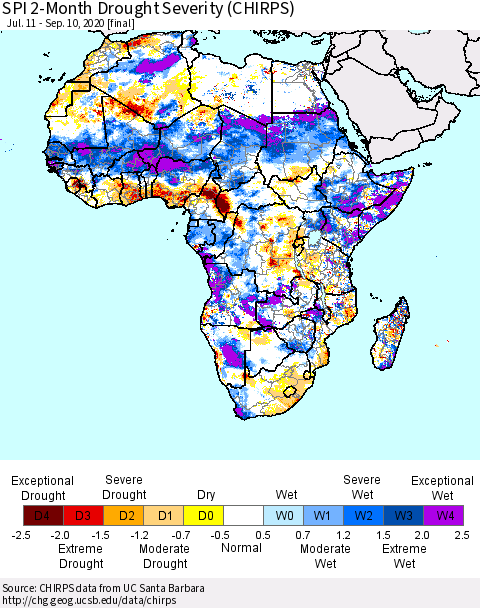 Africa SPI 2-Month Drought Severity (CHIRPS) Thematic Map For 7/11/2020 - 9/10/2020
