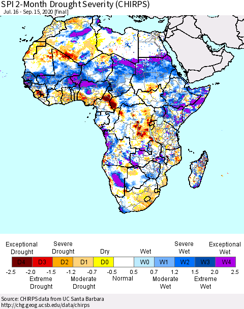 Africa SPI 2-Month Drought Severity (CHIRPS) Thematic Map For 7/16/2020 - 9/15/2020