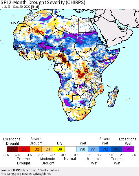 Africa SPI 2-Month Drought Severity (CHIRPS) Thematic Map For 7/21/2020 - 9/20/2020