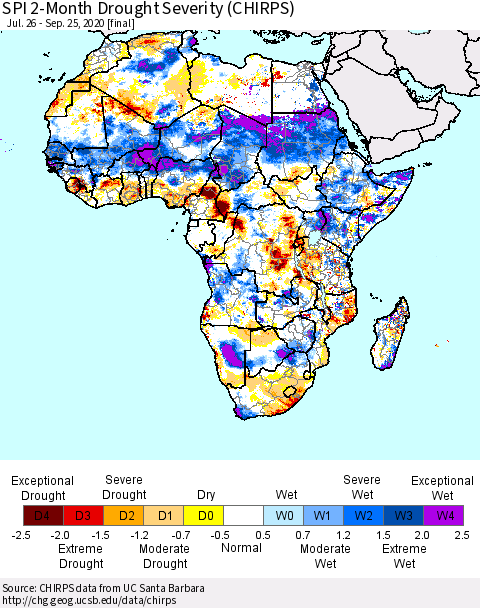 Africa SPI 2-Month Drought Severity (CHIRPS) Thematic Map For 7/26/2020 - 9/25/2020