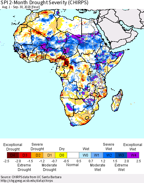 Africa SPI 2-Month Drought Severity (CHIRPS) Thematic Map For 8/1/2020 - 9/30/2020