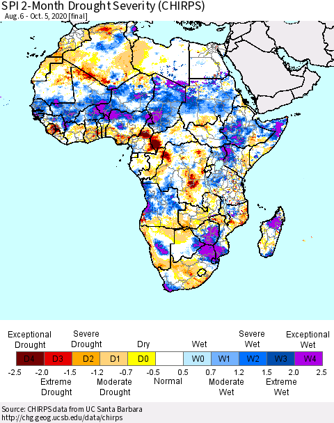 Africa SPI 2-Month Drought Severity (CHIRPS) Thematic Map For 8/6/2020 - 10/5/2020