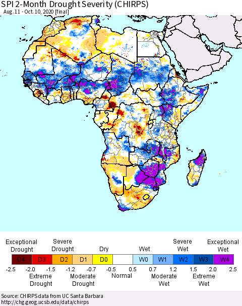 Africa SPI 2-Month Drought Severity (CHIRPS) Thematic Map For 8/11/2020 - 10/10/2020