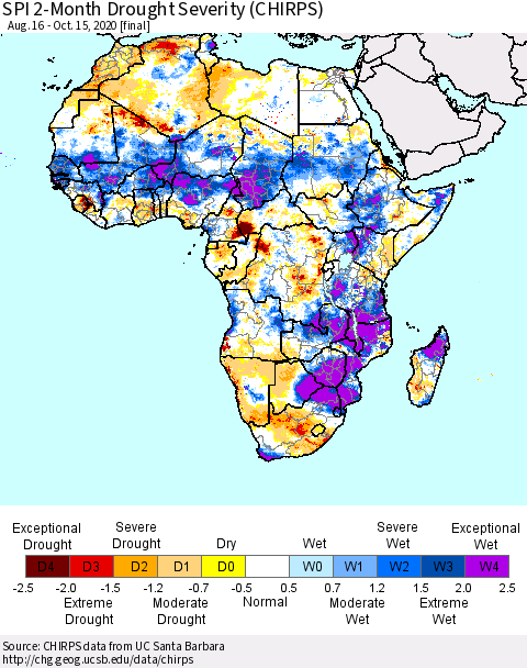 Africa SPI 2-Month Drought Severity (CHIRPS) Thematic Map For 8/16/2020 - 10/15/2020
