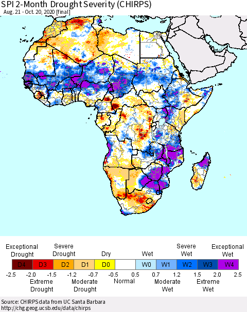Africa SPI 2-Month Drought Severity (CHIRPS) Thematic Map For 8/21/2020 - 10/20/2020