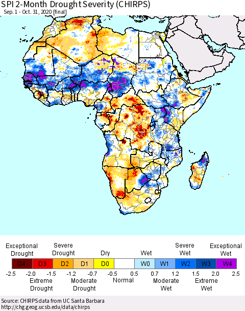 Africa SPI 2-Month Drought Severity (CHIRPS) Thematic Map For 9/1/2020 - 10/31/2020