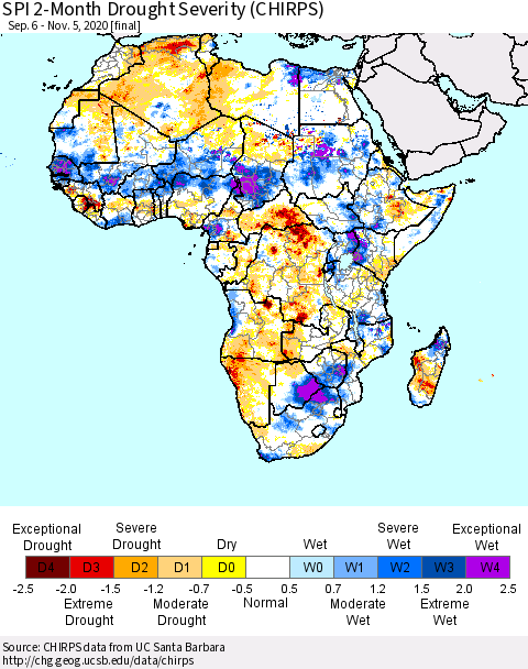 Africa SPI 2-Month Drought Severity (CHIRPS) Thematic Map For 9/6/2020 - 11/5/2020