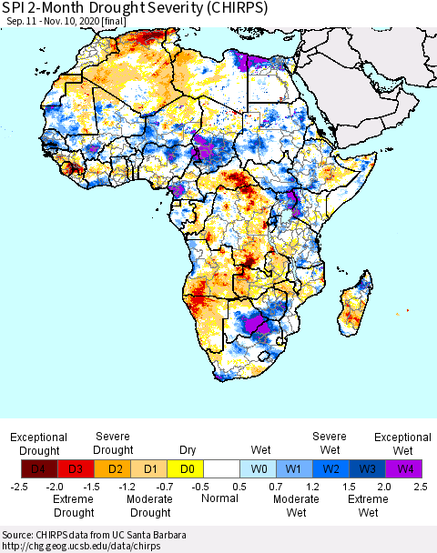 Africa SPI 2-Month Drought Severity (CHIRPS) Thematic Map For 9/11/2020 - 11/10/2020