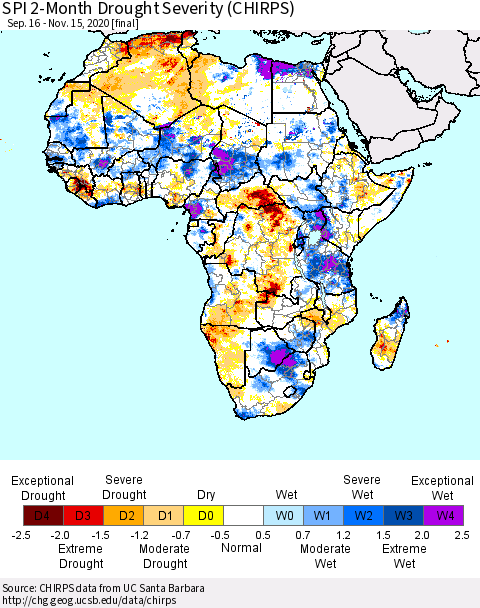 Africa SPI 2-Month Drought Severity (CHIRPS) Thematic Map For 9/16/2020 - 11/15/2020