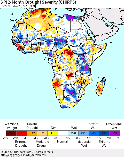 Africa SPI 2-Month Drought Severity (CHIRPS) Thematic Map For 9/21/2020 - 11/20/2020