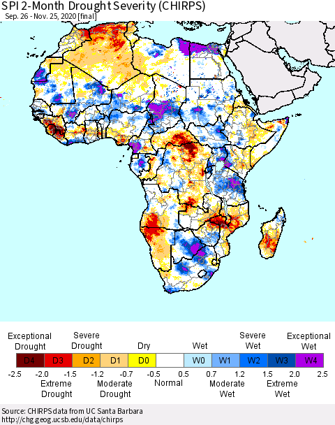 Africa SPI 2-Month Drought Severity (CHIRPS) Thematic Map For 9/26/2020 - 11/25/2020