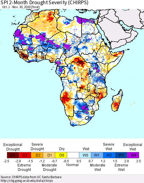 Africa SPI 2-Month Drought Severity (CHIRPS) Thematic Map For 10/1/2020 - 11/30/2020