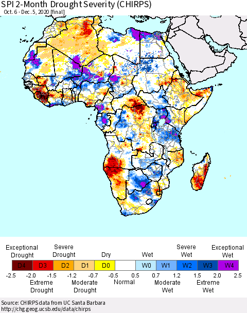 Africa SPI 2-Month Drought Severity (CHIRPS) Thematic Map For 10/6/2020 - 12/5/2020