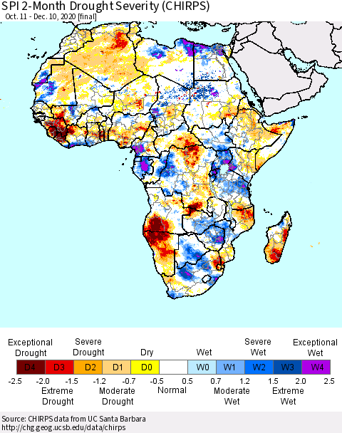 Africa SPI 2-Month Drought Severity (CHIRPS) Thematic Map For 10/11/2020 - 12/10/2020