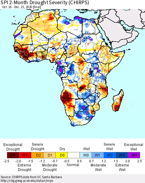 Africa SPI 2-Month Drought Severity (CHIRPS) Thematic Map For 10/16/2020 - 12/15/2020