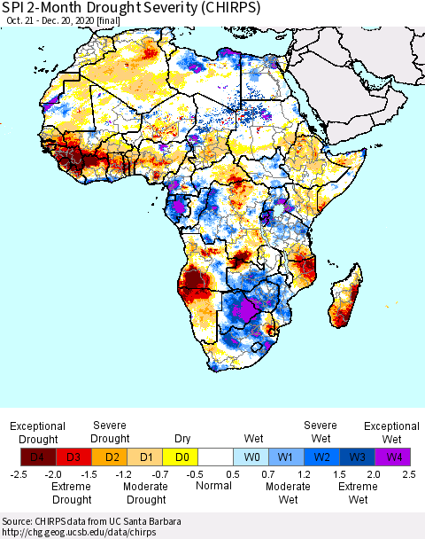 Africa SPI 2-Month Drought Severity (CHIRPS) Thematic Map For 10/21/2020 - 12/20/2020