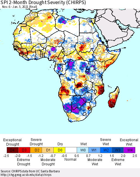Africa SPI 2-Month Drought Severity (CHIRPS) Thematic Map For 11/6/2020 - 1/5/2021