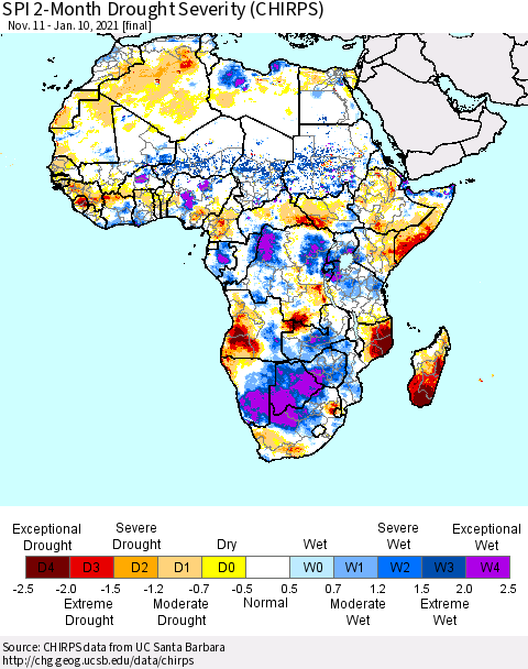 Africa SPI 2-Month Drought Severity (CHIRPS) Thematic Map For 11/11/2020 - 1/10/2021