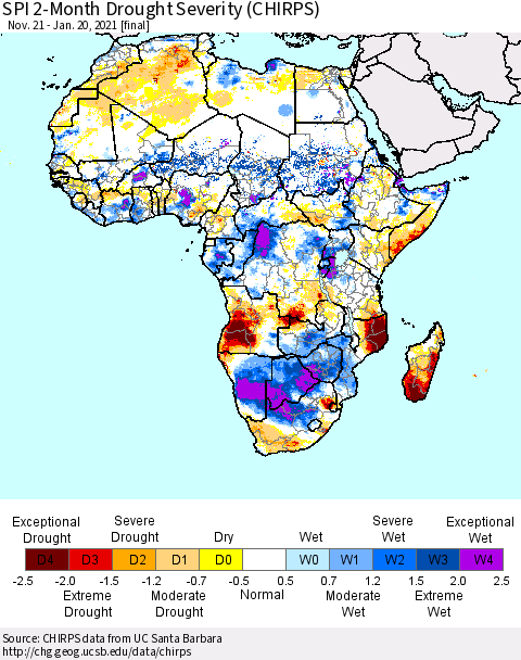 Africa SPI 2-Month Drought Severity (CHIRPS) Thematic Map For 11/21/2020 - 1/20/2021