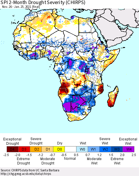 Africa SPI 2-Month Drought Severity (CHIRPS) Thematic Map For 11/26/2020 - 1/25/2021