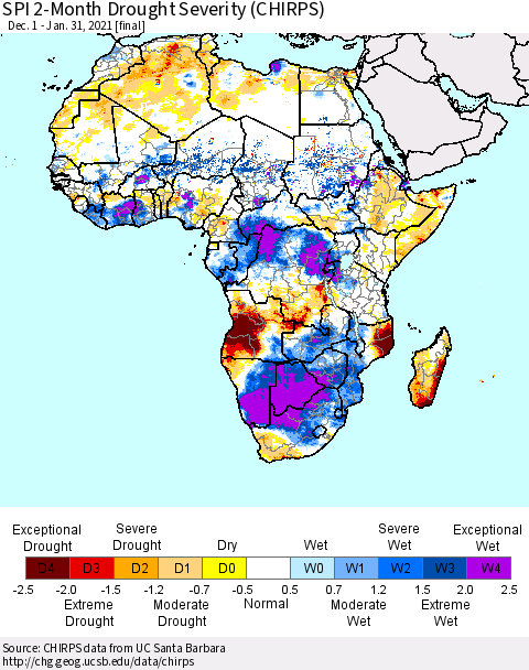 Africa SPI 2-Month Drought Severity (CHIRPS) Thematic Map For 12/1/2020 - 1/31/2021