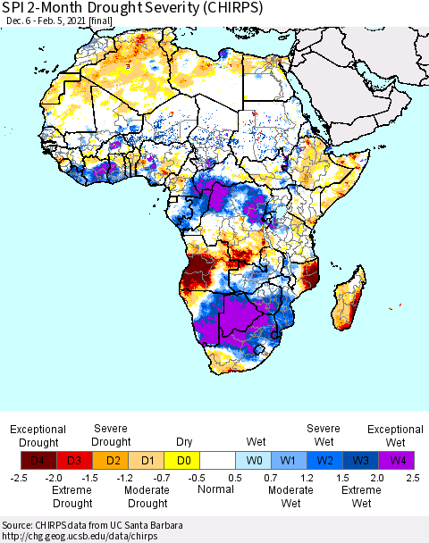 Africa SPI 2-Month Drought Severity (CHIRPS) Thematic Map For 12/6/2020 - 2/5/2021