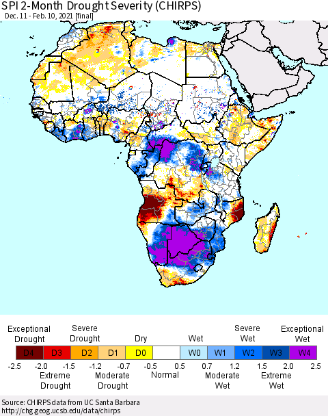 Africa SPI 2-Month Drought Severity (CHIRPS) Thematic Map For 12/11/2020 - 2/10/2021