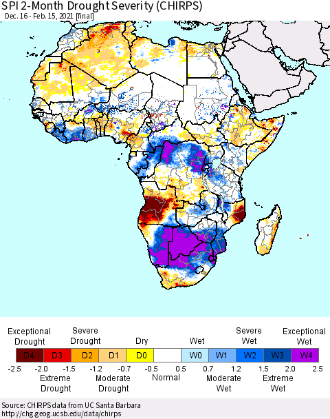 Africa SPI 2-Month Drought Severity (CHIRPS) Thematic Map For 12/16/2020 - 2/15/2021