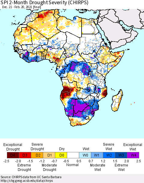 Africa SPI 2-Month Drought Severity (CHIRPS) Thematic Map For 12/21/2020 - 2/20/2021