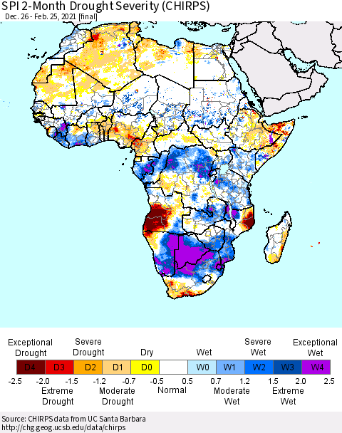 Africa SPI 2-Month Drought Severity (CHIRPS) Thematic Map For 12/26/2020 - 2/25/2021