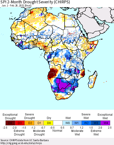 Africa SPI 2-Month Drought Severity (CHIRPS) Thematic Map For 1/1/2021 - 2/28/2021
