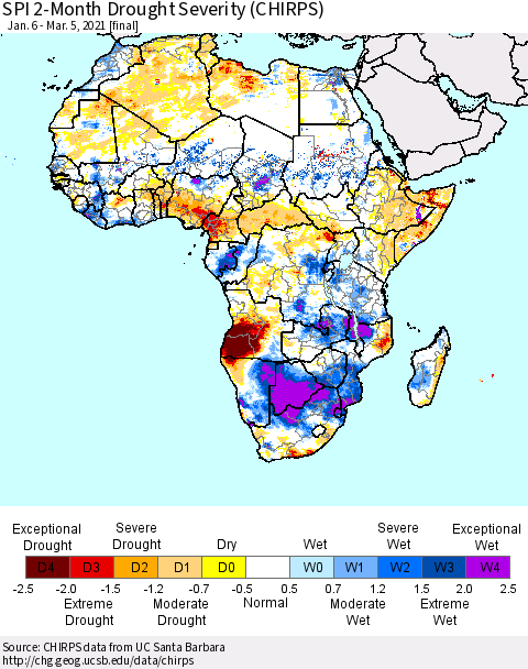 Africa SPI 2-Month Drought Severity (CHIRPS) Thematic Map For 1/6/2021 - 3/5/2021