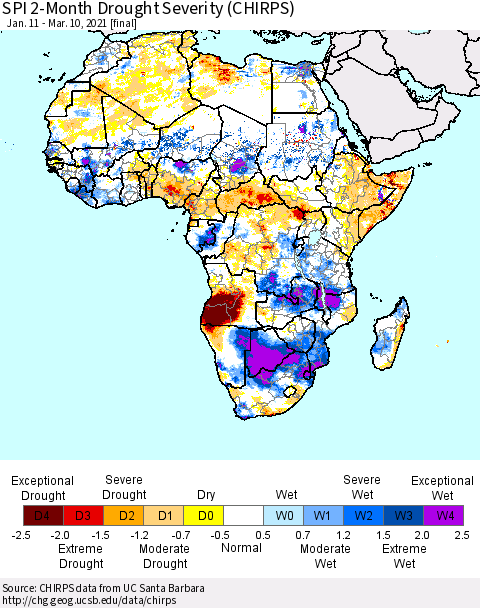 Africa SPI 2-Month Drought Severity (CHIRPS) Thematic Map For 1/11/2021 - 3/10/2021