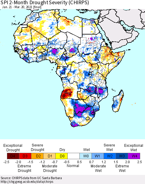 Africa SPI 2-Month Drought Severity (CHIRPS) Thematic Map For 1/21/2021 - 3/20/2021