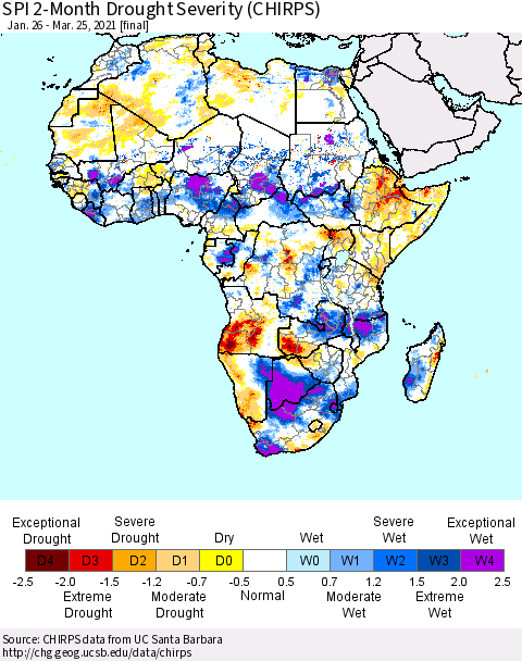 Africa SPI 2-Month Drought Severity (CHIRPS) Thematic Map For 1/26/2021 - 3/25/2021