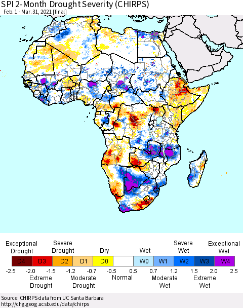 Africa SPI 2-Month Drought Severity (CHIRPS) Thematic Map For 2/1/2021 - 3/31/2021