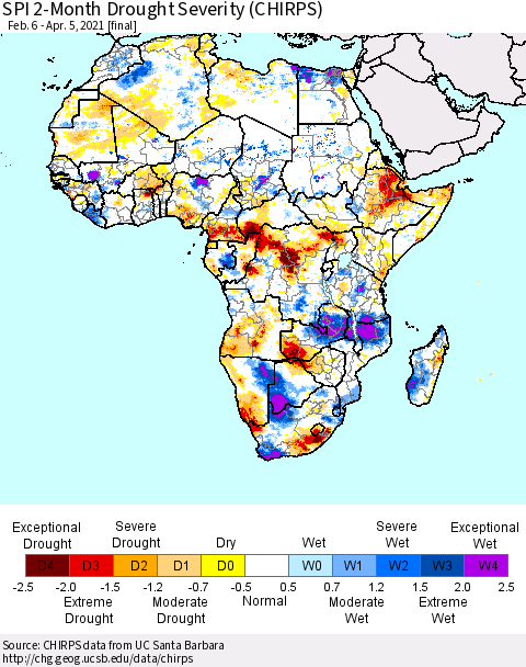Africa SPI 2-Month Drought Severity (CHIRPS) Thematic Map For 2/6/2021 - 4/5/2021