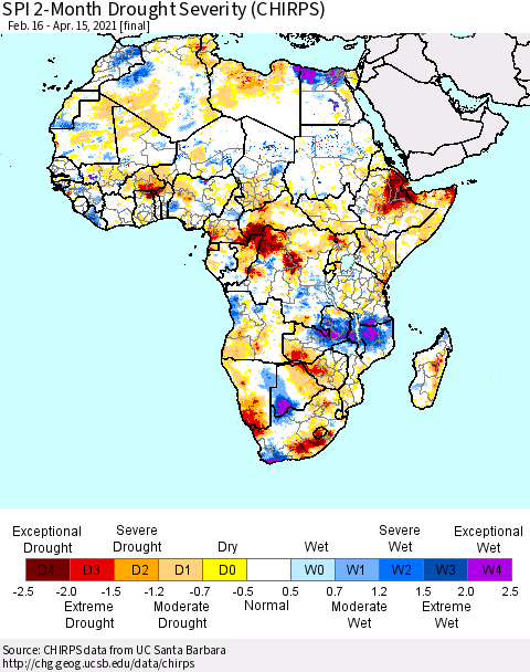 Africa SPI 2-Month Drought Severity (CHIRPS) Thematic Map For 2/16/2021 - 4/15/2021