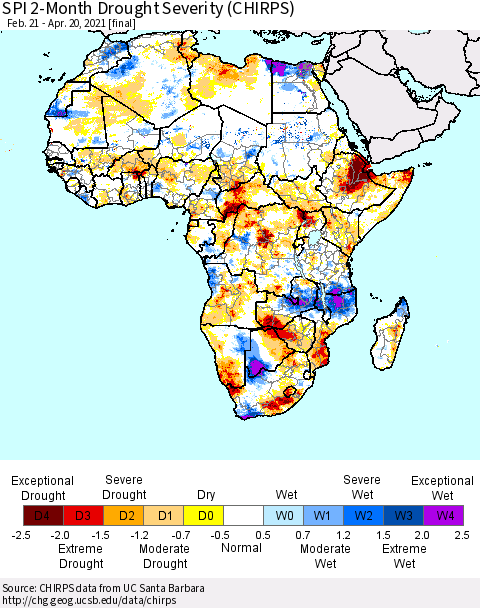 Africa SPI 2-Month Drought Severity (CHIRPS) Thematic Map For 2/21/2021 - 4/20/2021