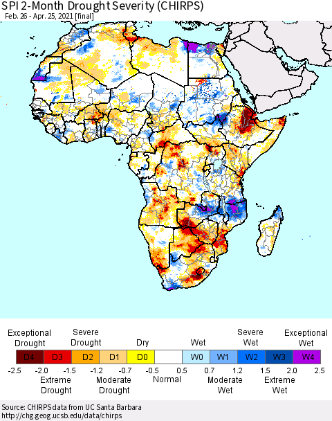 Africa SPI 2-Month Drought Severity (CHIRPS) Thematic Map For 2/26/2021 - 4/25/2021